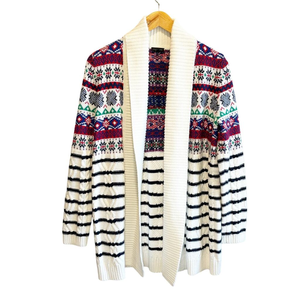Talbots Fair Isle & Cable Knit Striped Long Length Open Front Cardigan - Medium